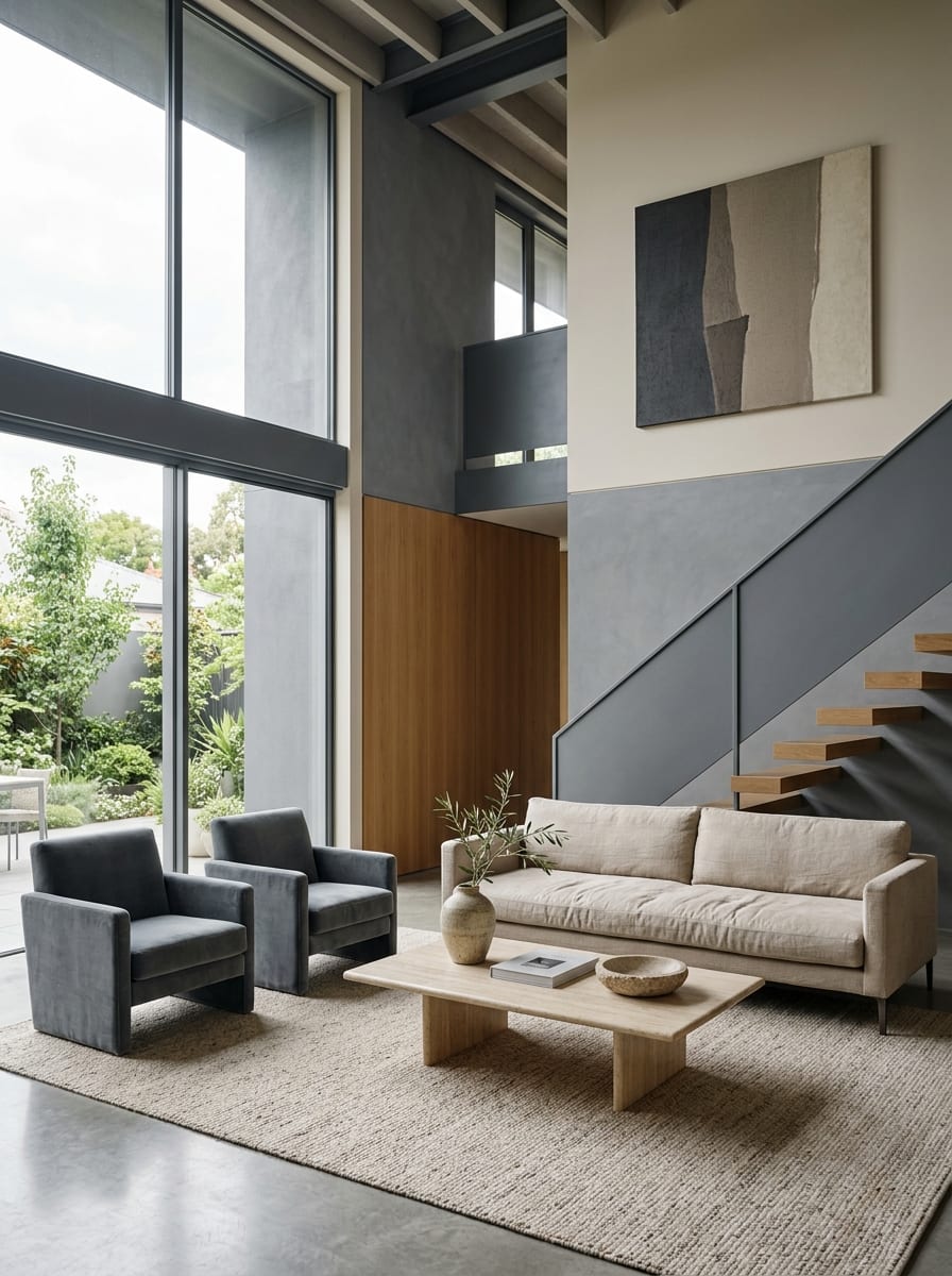 Modern luxury interior architecture showcasing slate gray and sand tones